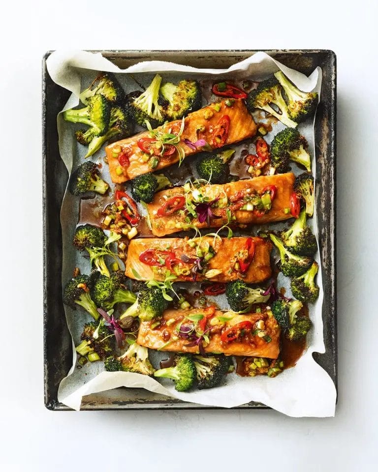 Salmon and broccoli traybake with spring onion and chilli