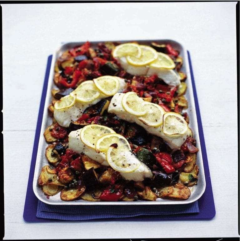 Halibut, ratatouille and new potato tray bake