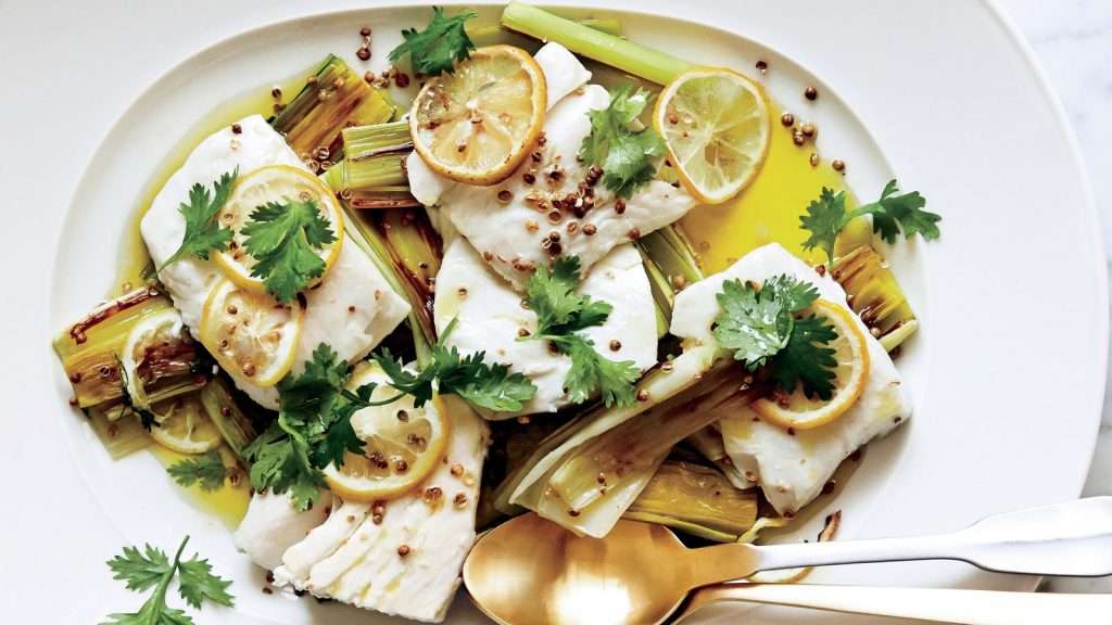 Halibut confit with leeks, coriander and lemon