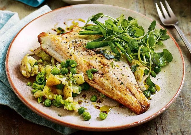 Sea Bass fillet with Pea and Potato Salad