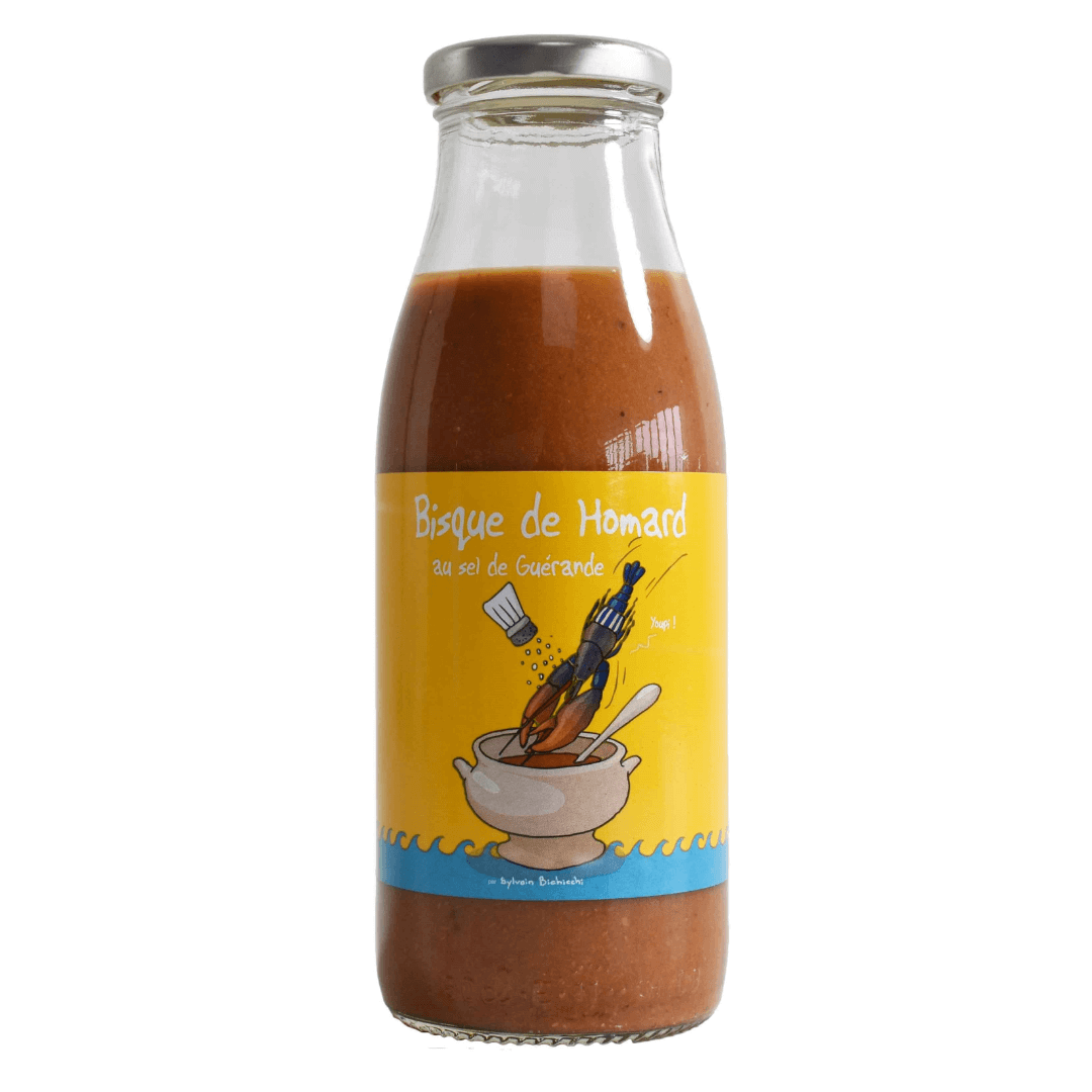 Lobster bisque in bottle with yellow picture